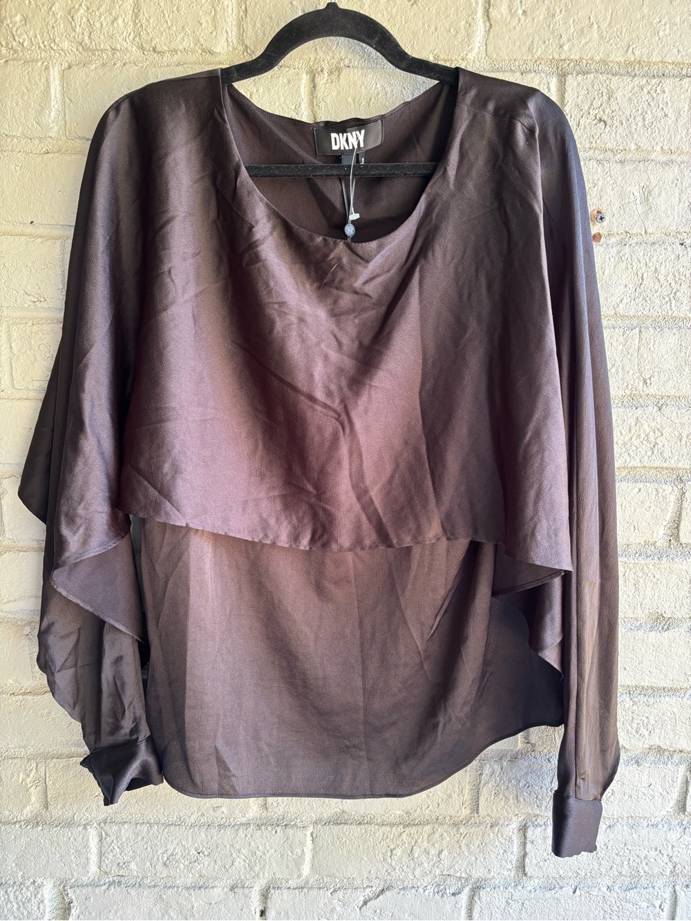 DKNY NWT SZ L BLACK Satin LONG SLEEVE CAPE OVER TANK Elegant Blouse MSRP $69